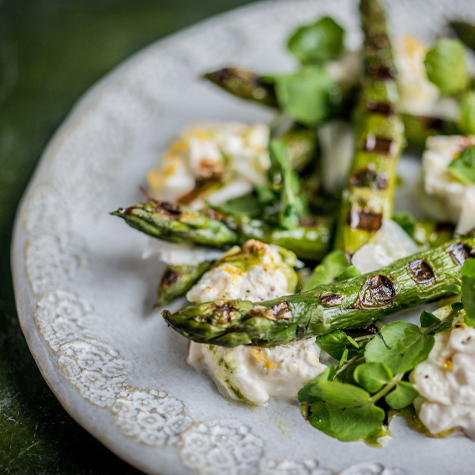 Chargrilled English Asparagus with Watercress, Burrata, Toasted Almonds and Shaved Pecorino Cheese