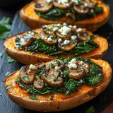 Baked Sweet Potato with Garlic Mushrooms & Spinach Topping-1