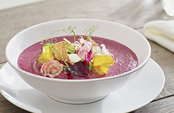 Gazpacho of Beetroot Soup with Goats Curd