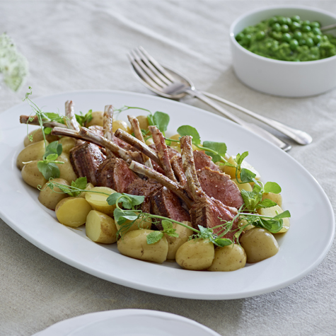 Chargrilled Spring Lamb with Jersey Royals and Minted Pea Puree
