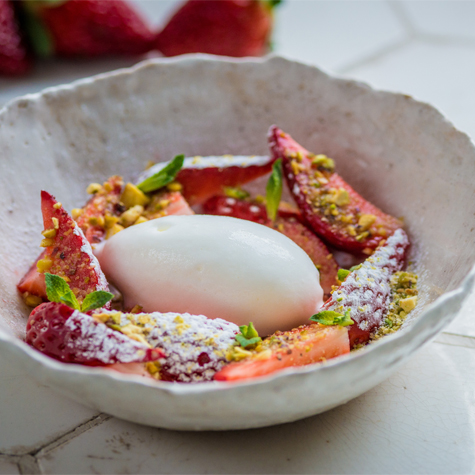 Yoghurt Sorbet with English Strawberries and Toasted Pistachios