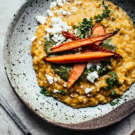 Carrot & Celeriac Risotto with Mint-Hazelnut Pesto